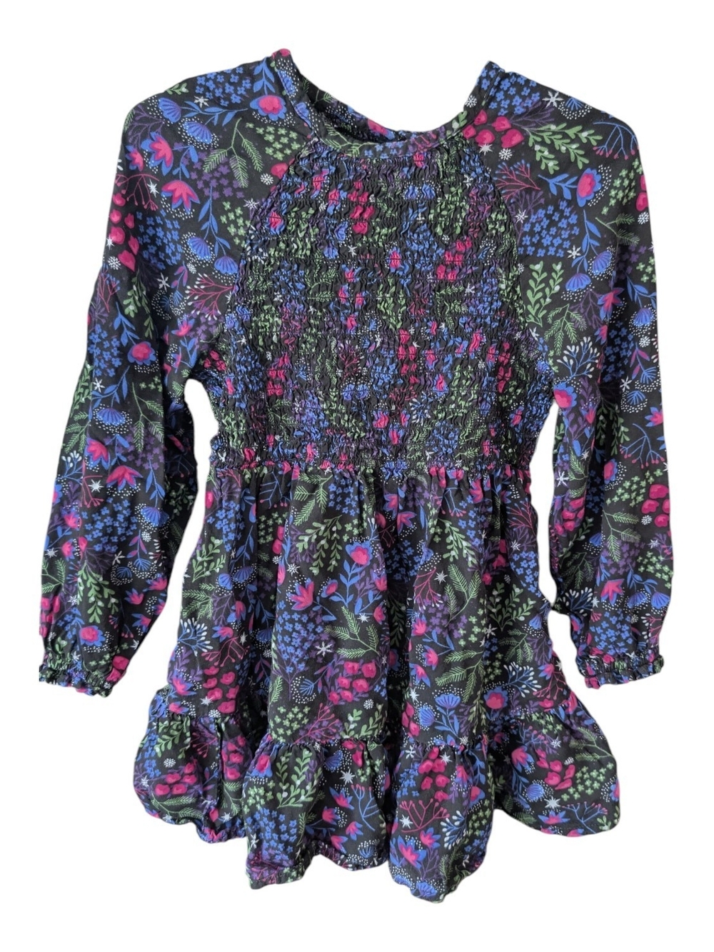 Girls Black Floral Smocked Long-Sleeve Top
